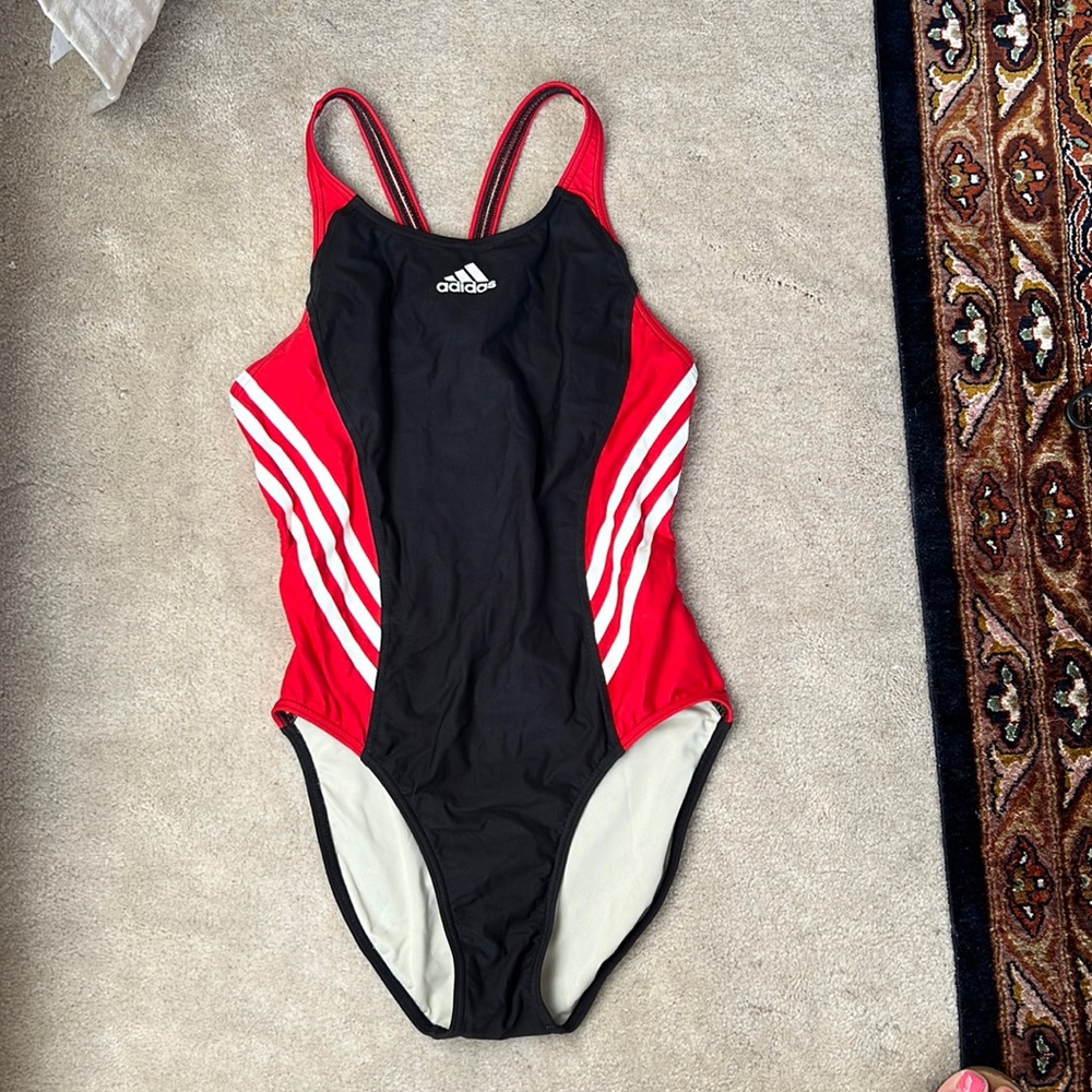 Adidas open back one piece bathingsuit. Red, Black, and white.